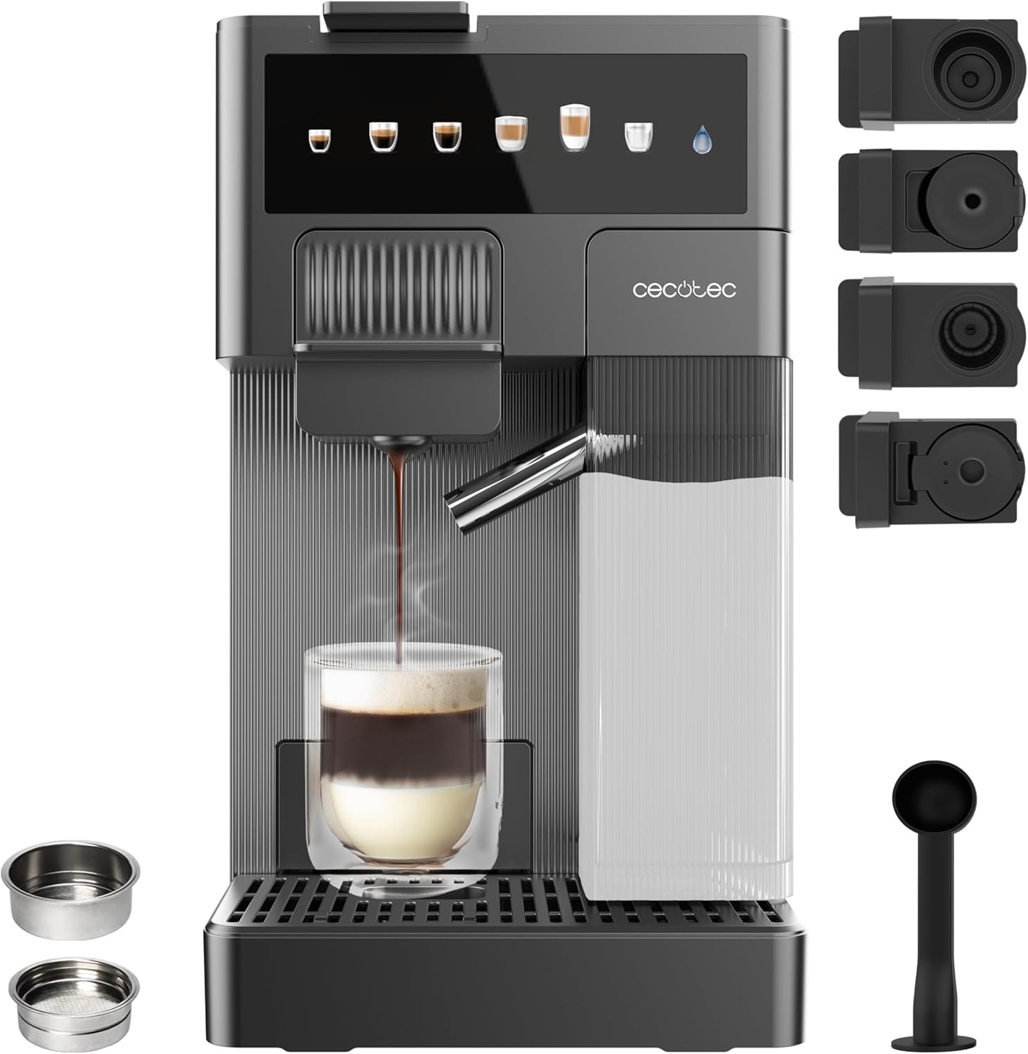 Cecotec Espresso Coffee Machine in Dark Stainless Steel with milk reservoir and control panel