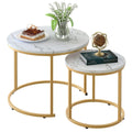 Aboxoo nesting coffee table set with white marble pattern and gold frame, consisting of a large and small round table