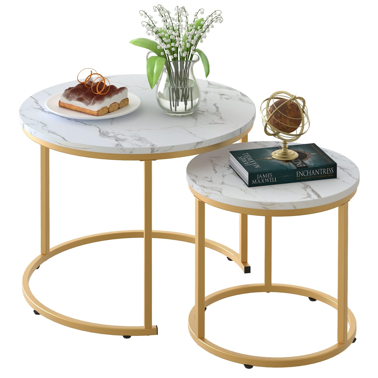 Aboxoo nesting coffee table set with white marble pattern and gold frame, consisting of a large and small round table