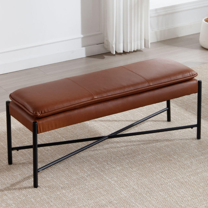Modern Wahson faux leather upholstered bench with crossed footrest in brown