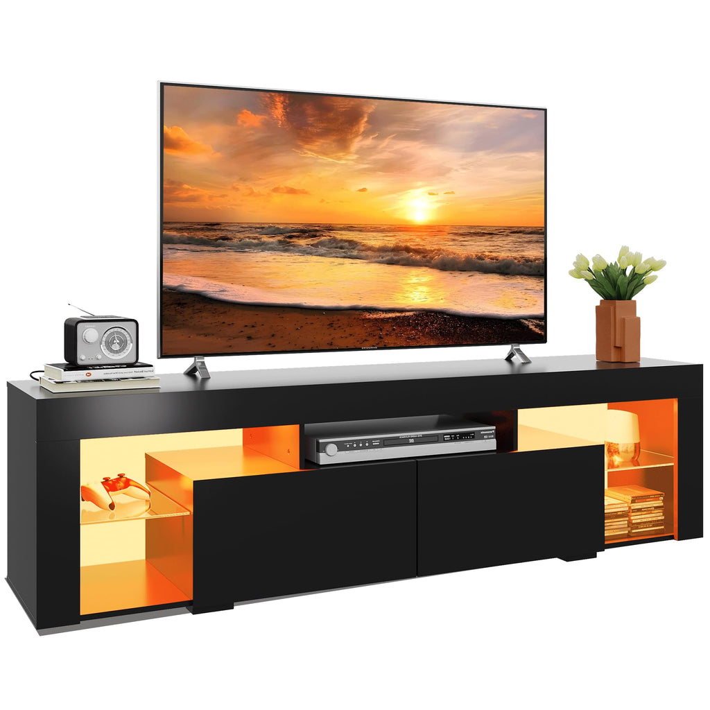 WLIVE modern TV cabinet with LED lighting, open shelves, and drawers for media devices and decor