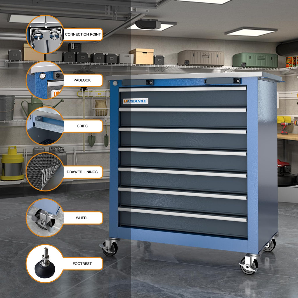 LARBANKE 7-Drawer Tool Cabinet with Stainless Steel Workbench