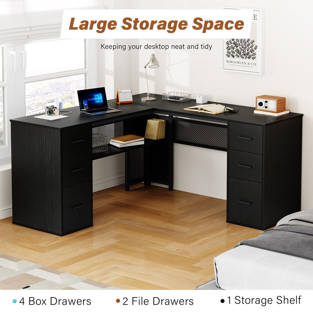 HSH Black L Shaped Desk with File Drawers and Shelves