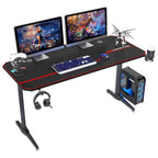 Ergonomic PC gaming desk with large mouse pad, carbon fiber texture, and integrated cable management