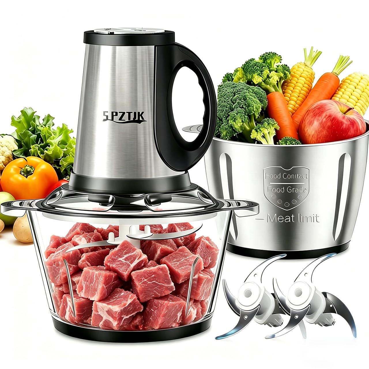 SPZTJK 3-Speed Electric Food Processor with stainless steel and glass bowls