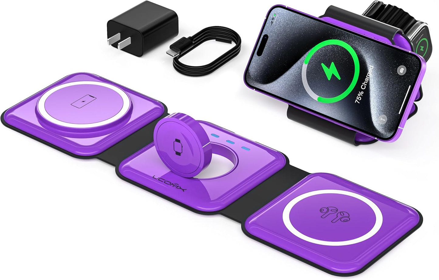 Portable Foldable Magnetic Wireless Charging Station | 3-in-1 Fast Charger for iPhone, Apple Watch & AirPods | Compact & Travel-Friendly Design