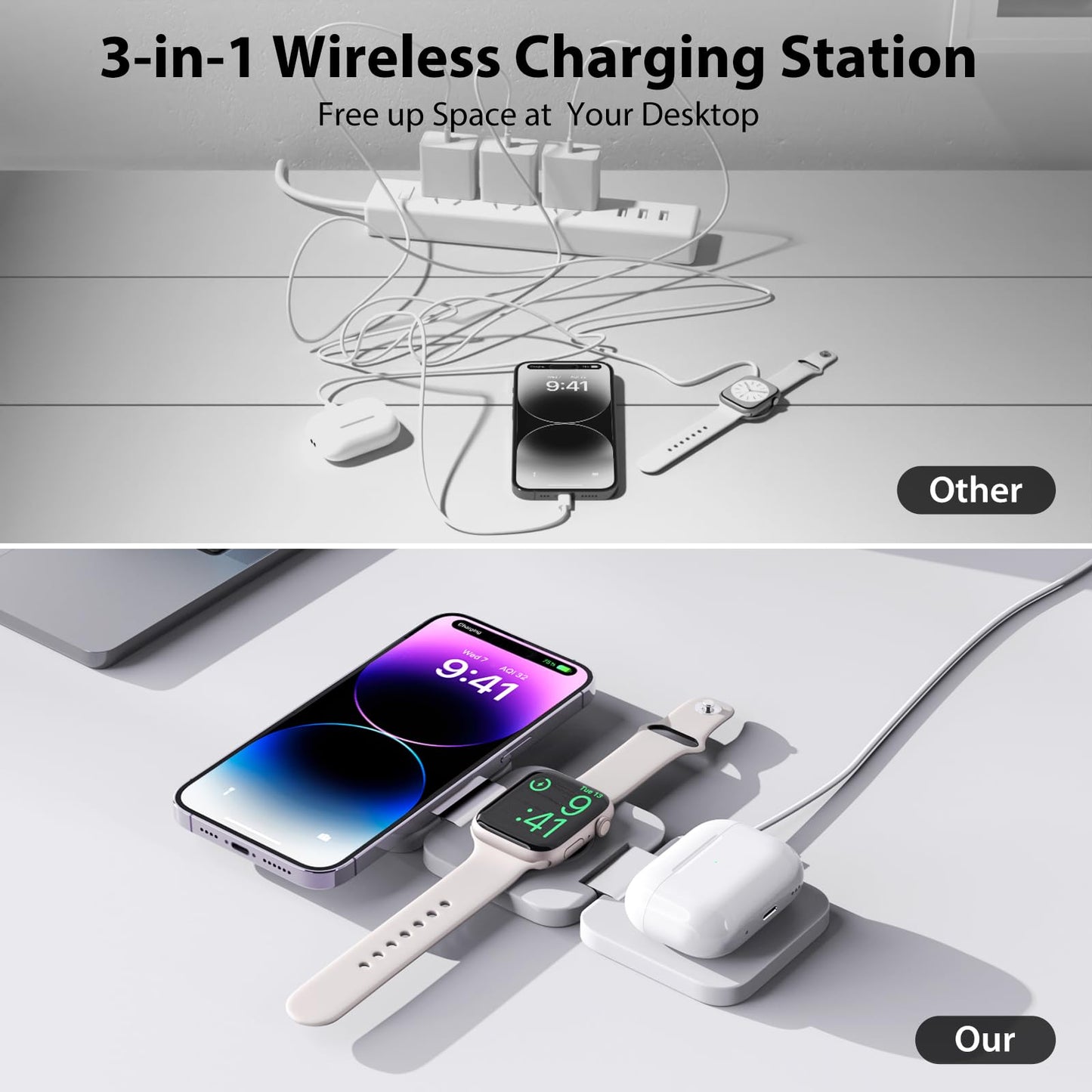 3-in-1 Wireless Charger – Fast Magnetic Charging for iPhone, Apple Watch, & AirPods | Foldable & Portable Dock