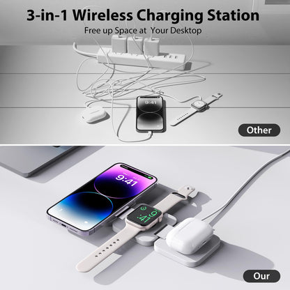 3-in-1 Wireless Charger – Fast Magnetic Charging for iPhone, Apple Watch, & AirPods | Foldable & Portable Dock