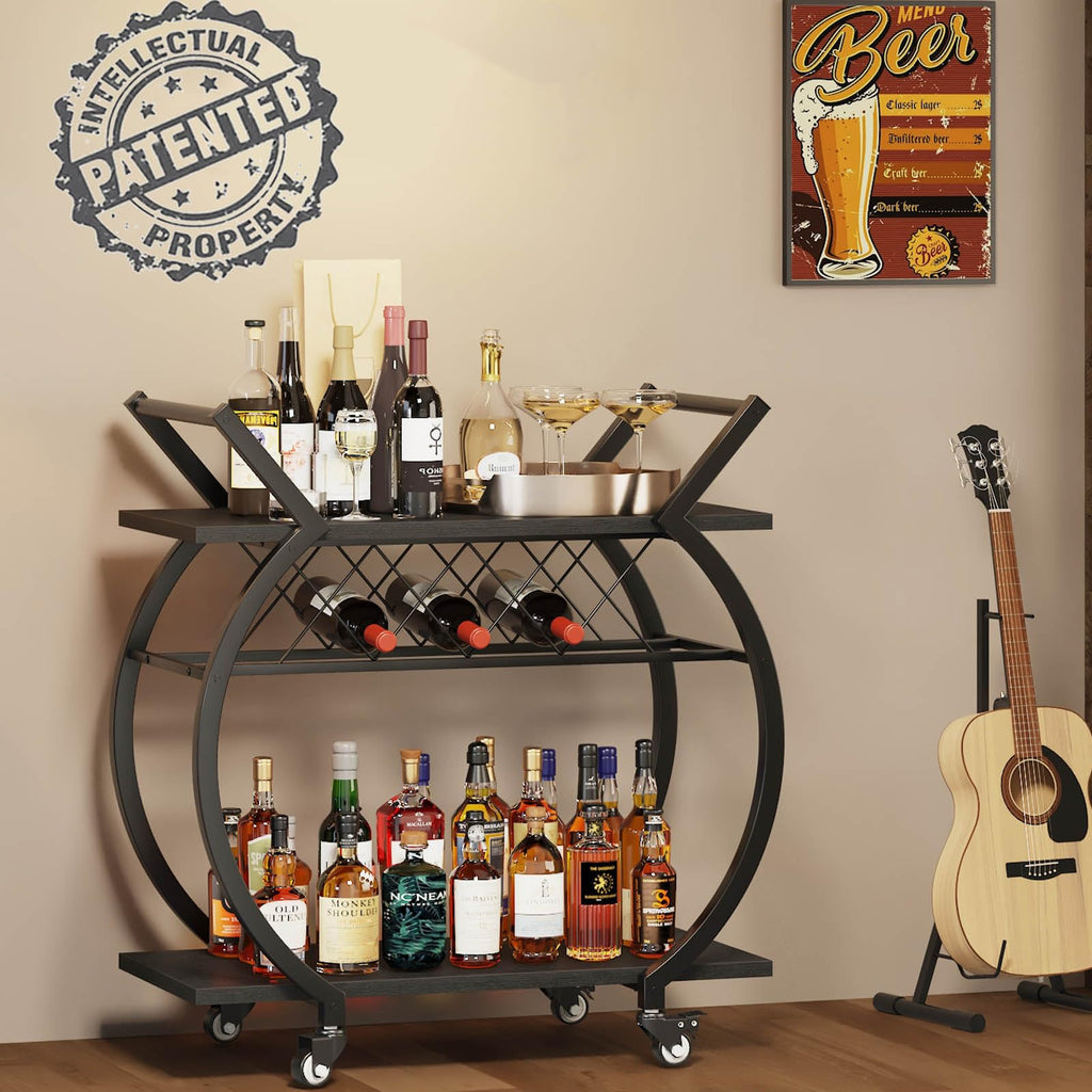 LVB Rolling Bar Cart with Storage Shelves and Wine Rack