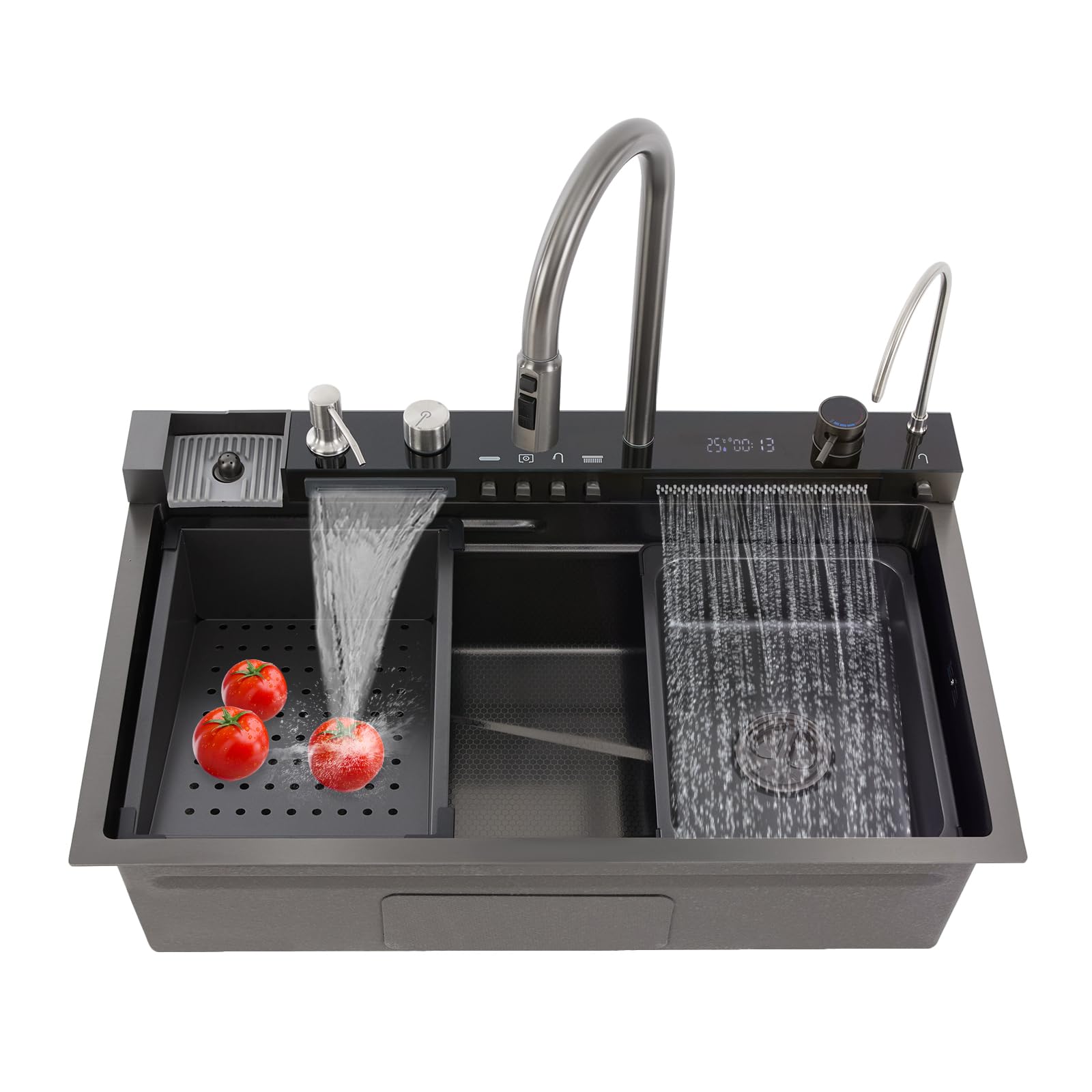 Multifunctional smart kitchen sink with extendable tap, digital display, and multiple water outlet modes
