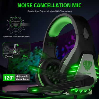 Pacrate Gaming Headset with Microphone for Switch PC PS4 PS5 Xbox One Noise Cancelling Gaming Headphones with LED Lights for Kids Adults Black Green