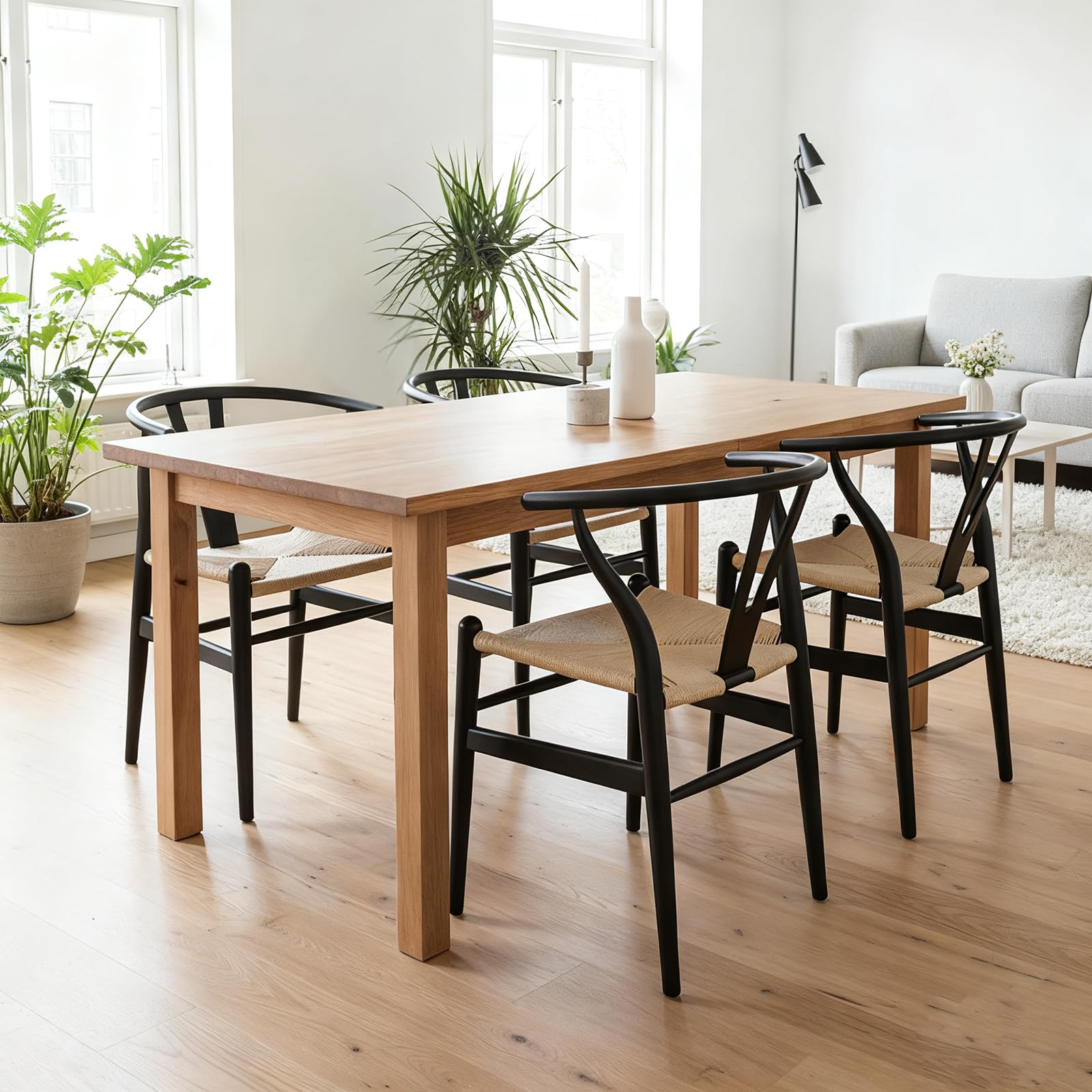 VODUR Wishbone Dining Chairs Set of 2 - Natural Solid Wood and Rattan Seat
