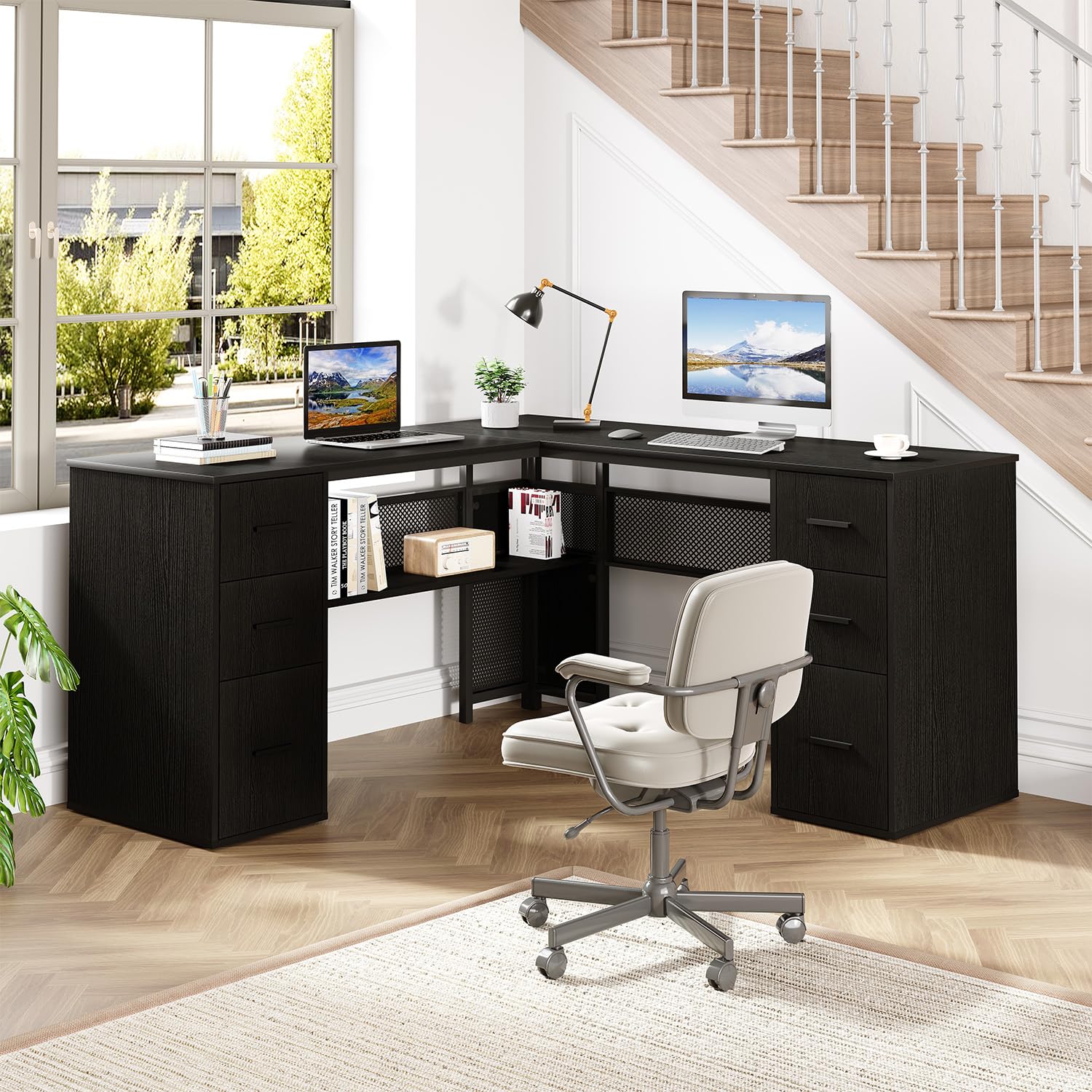 HSH Black L Shaped Desk with File Drawers and Shelves