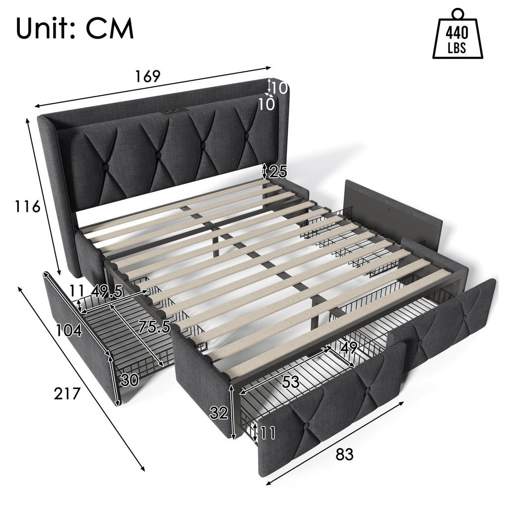 Huyuee Upholstered Bed with Charging Port and Four Drawers in Linen Grey