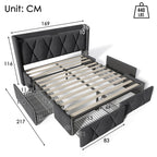 Huyuee Upholstered Bed with Charging Port and Four Drawers in Linen Grey