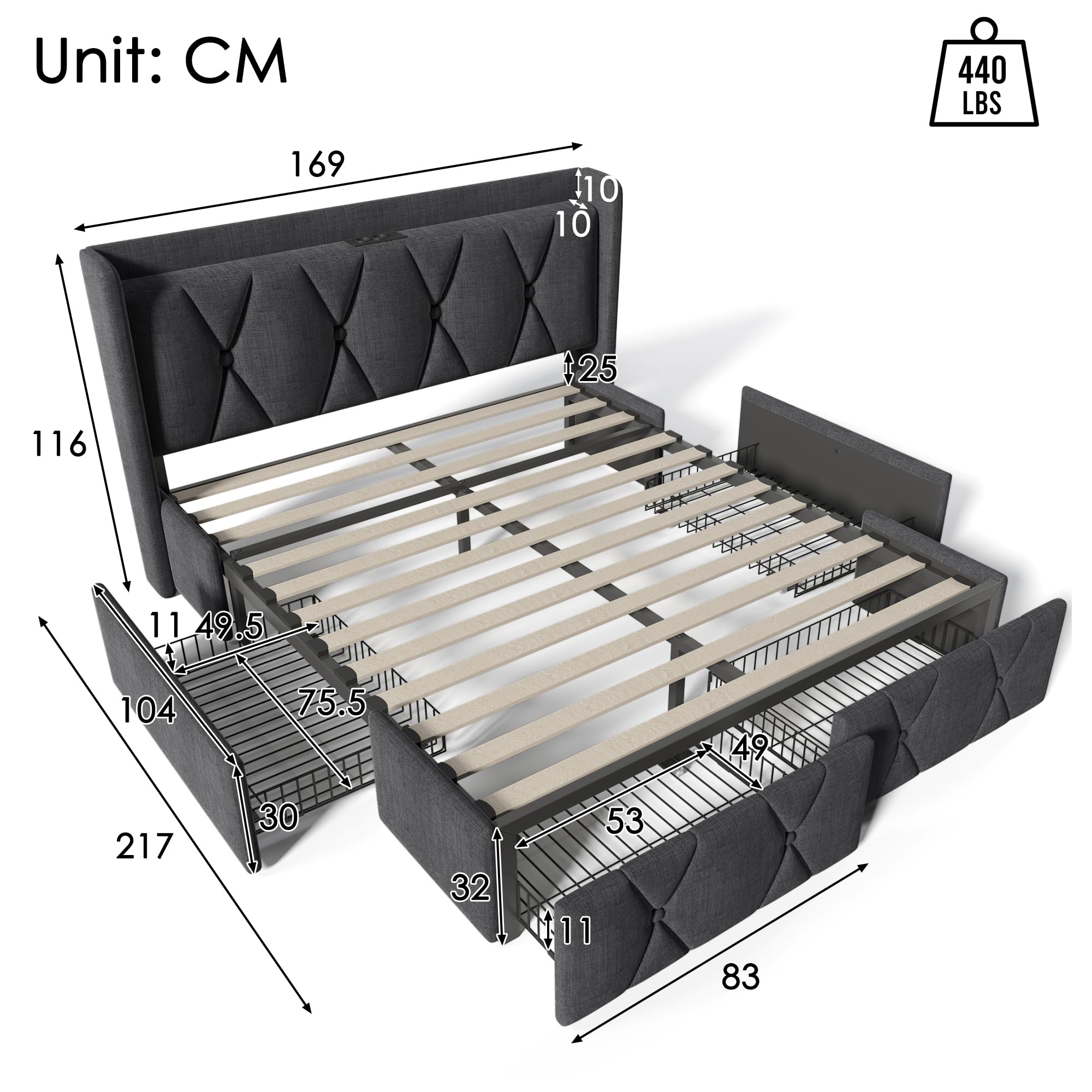 Huyuee Upholstered Bed with Charging Port and Four Drawers in Linen Grey