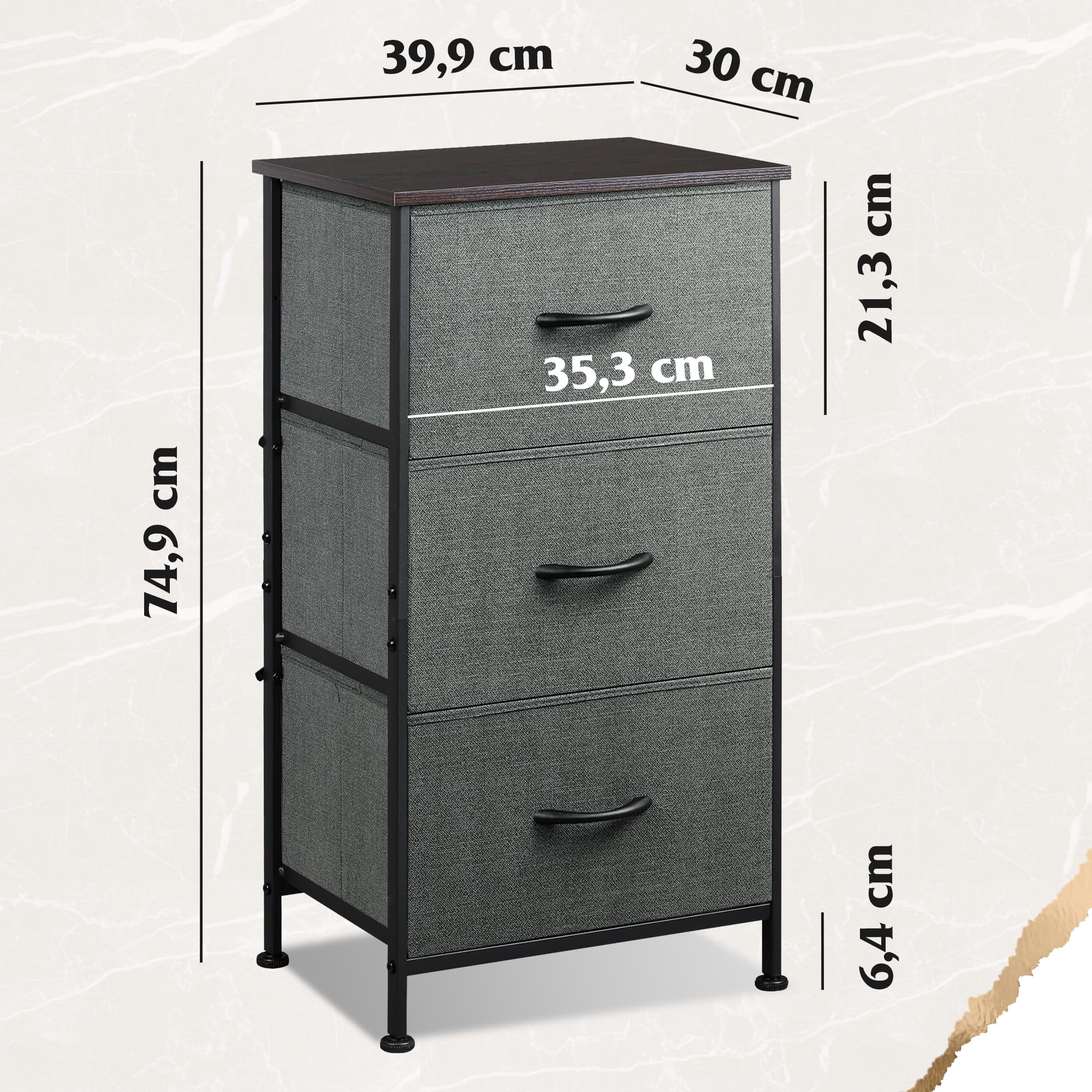 WLIVE 3 Drawer Chest of Drawers with Wooden Top