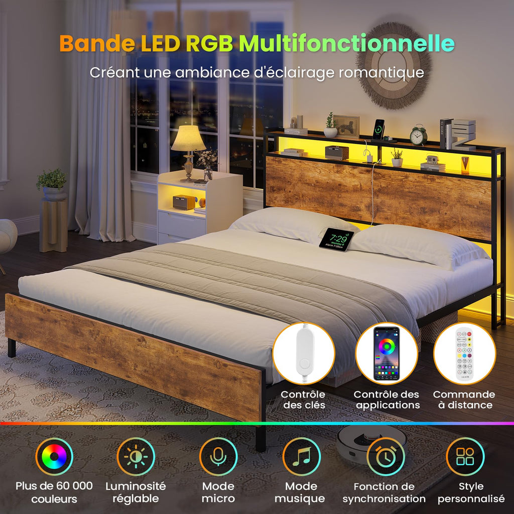 Brinlawb Vintage Brown Black Double Bed Frame with LED and Power
