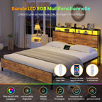 Brinlawb Vintage Brown Black Double Bed Frame with LED and Power