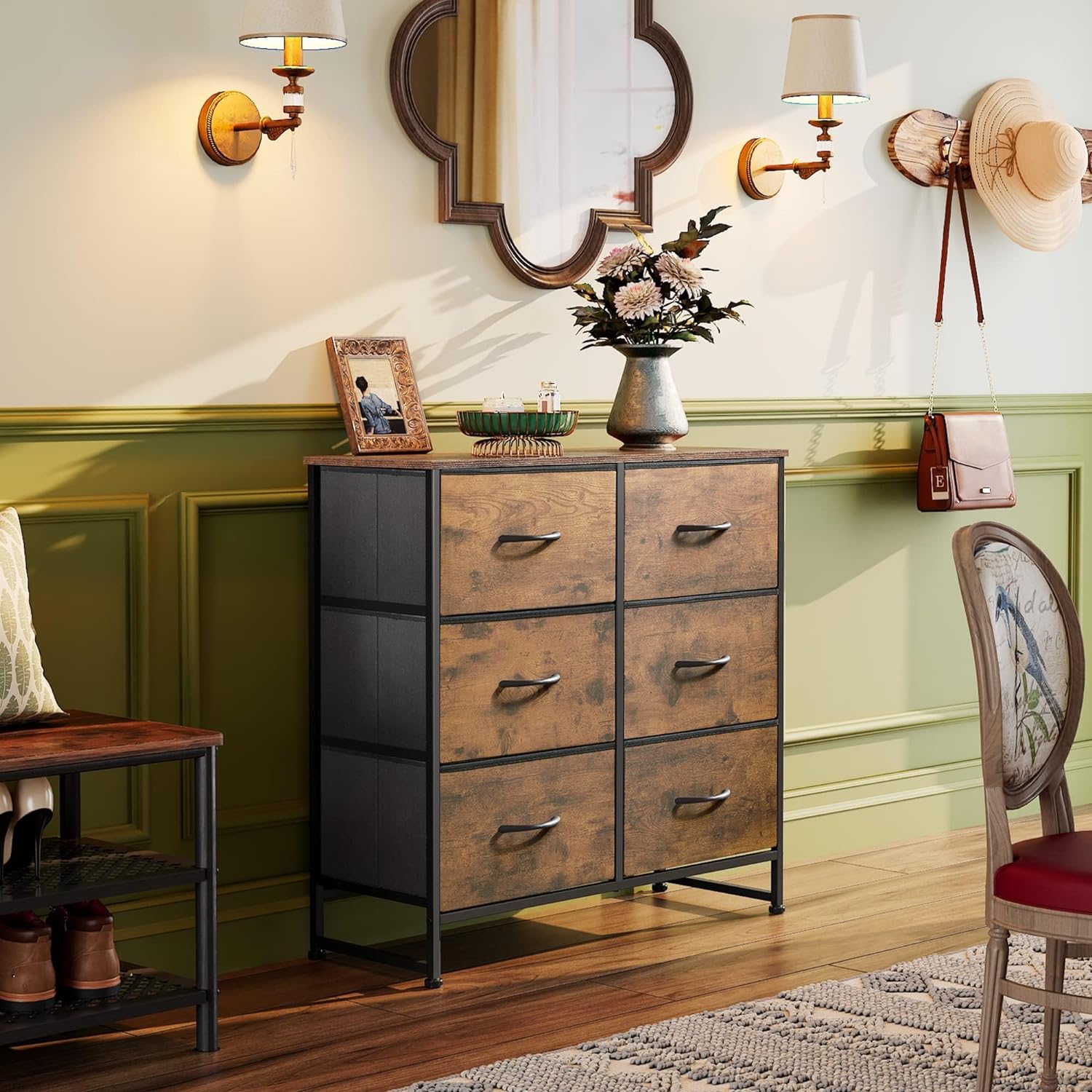 WLIVE 6-Drawer Fabric Dresser - Rustic Brown Wood Grain
