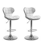 Set of 2 white, contemporary bar stools with chrome bases and padded seats