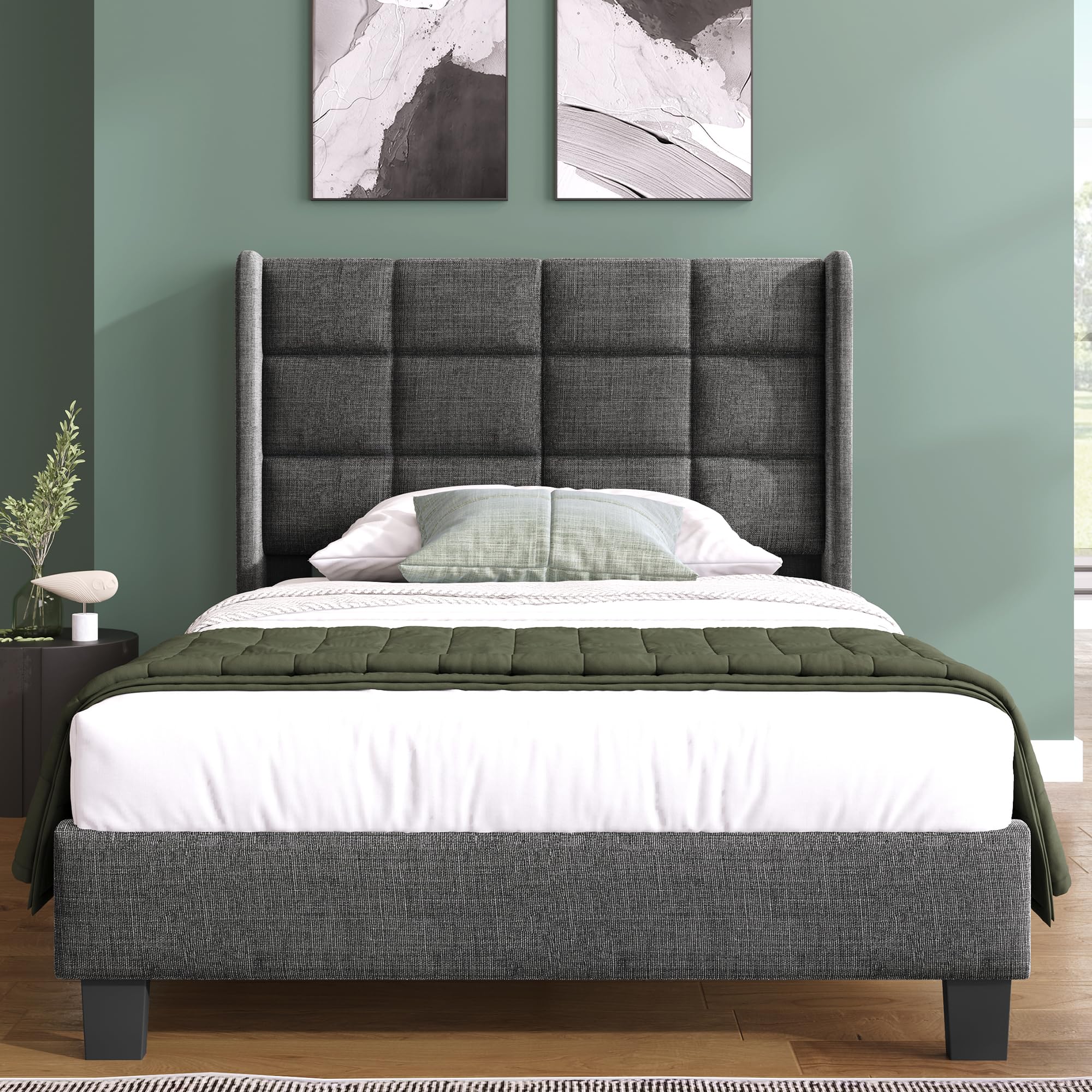 Merax Grey Upholstered Bed with Slatted Base