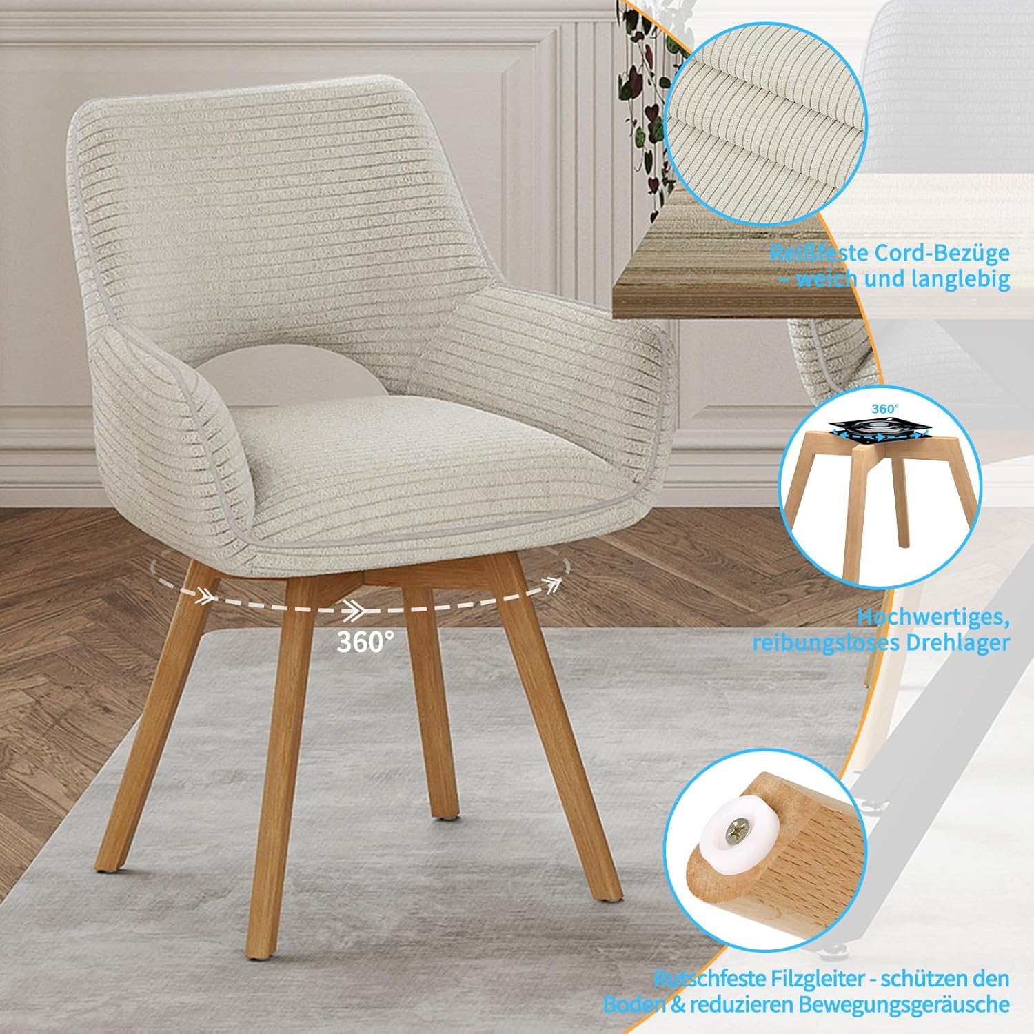 WAFTING Rotatable Dining Chairs with Armrests and Beech Wood Legs