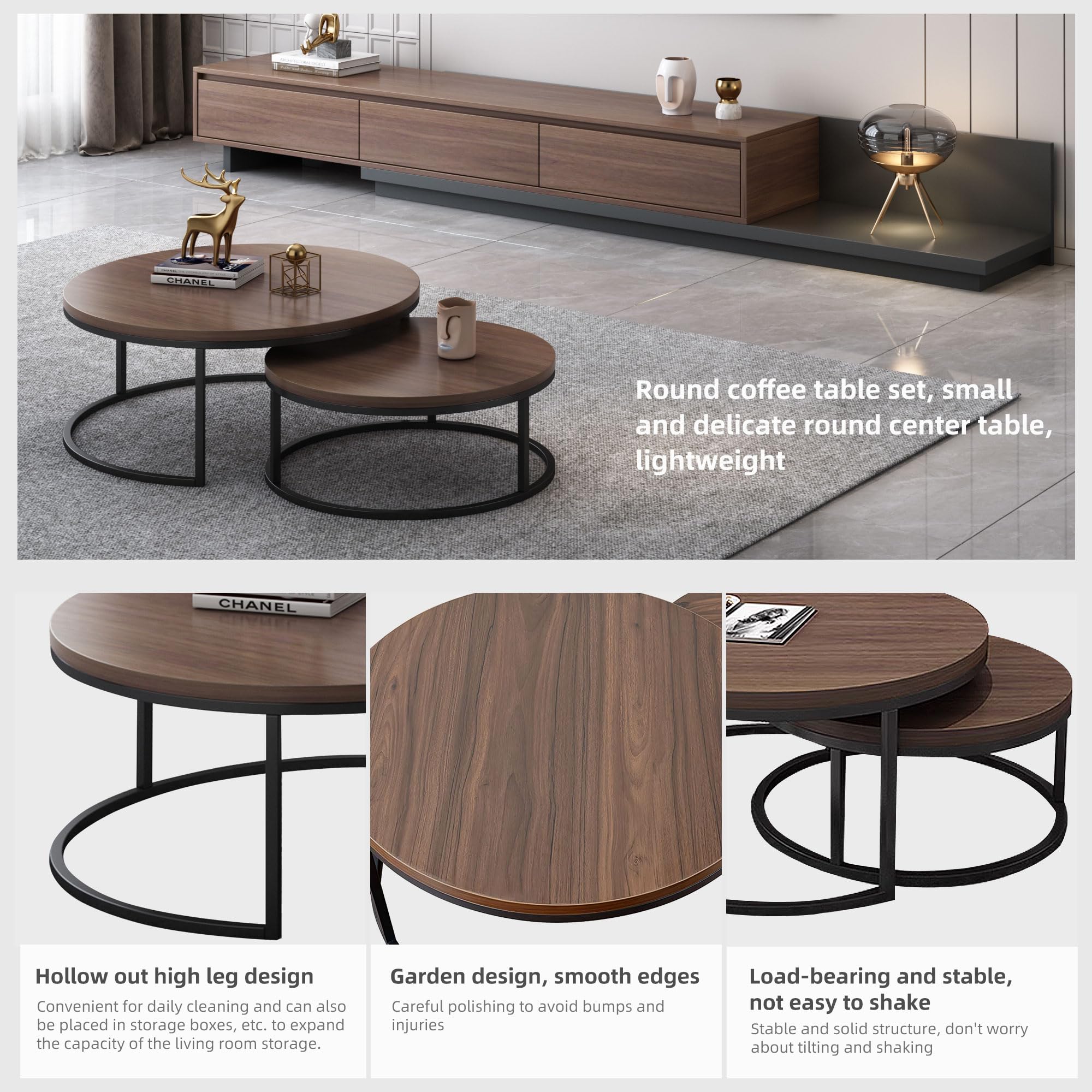 Luck Live Round Coffee Table Set of 2, Modern Nesting Tables