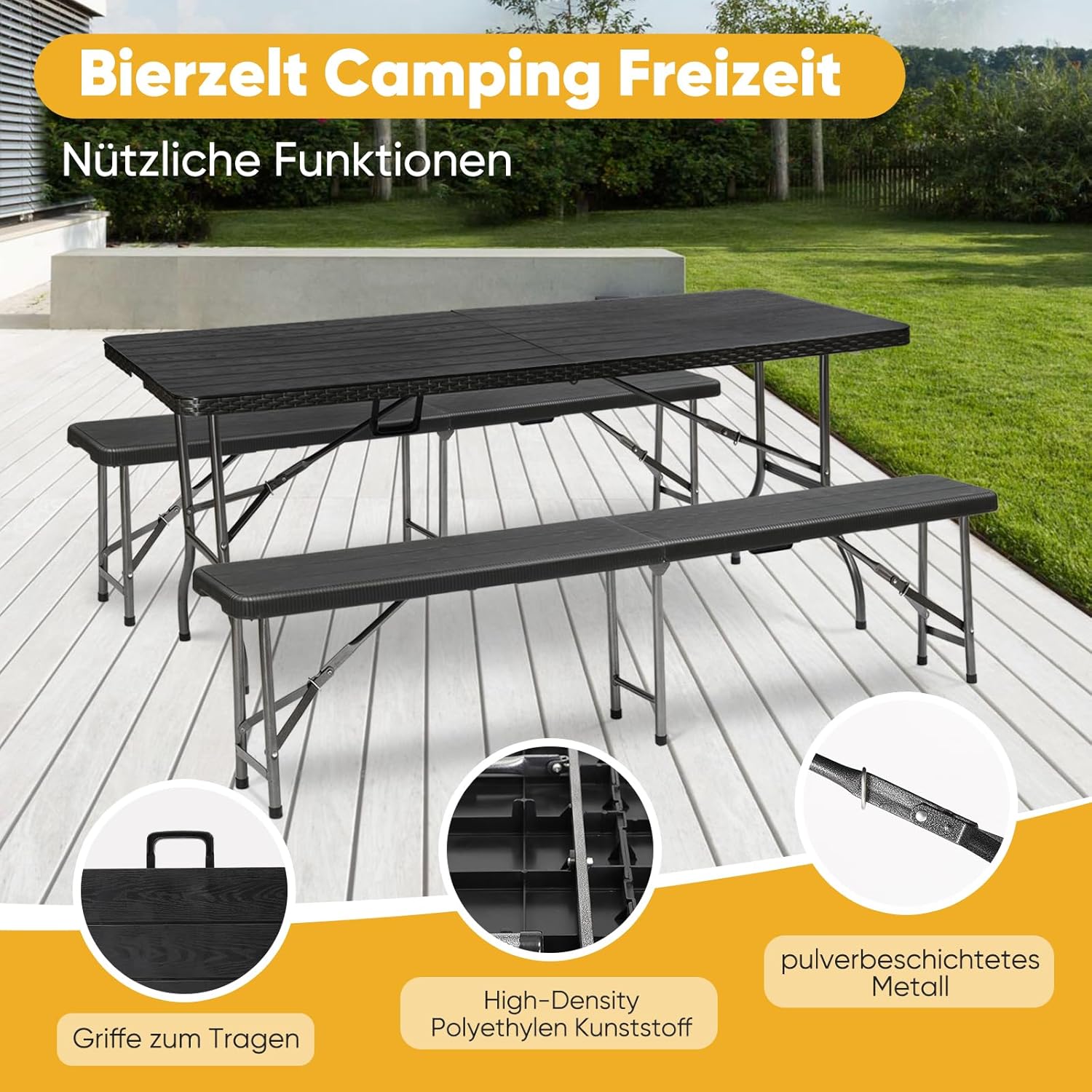 Sekey Foldable Beer Garden Table Set with 2 Benches