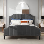 Stylish grey upholstered bed frame with velvet padding and wooden slats