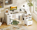 Coleshome L Shaped Computer Desk with 6 Drawers and Power Outlet