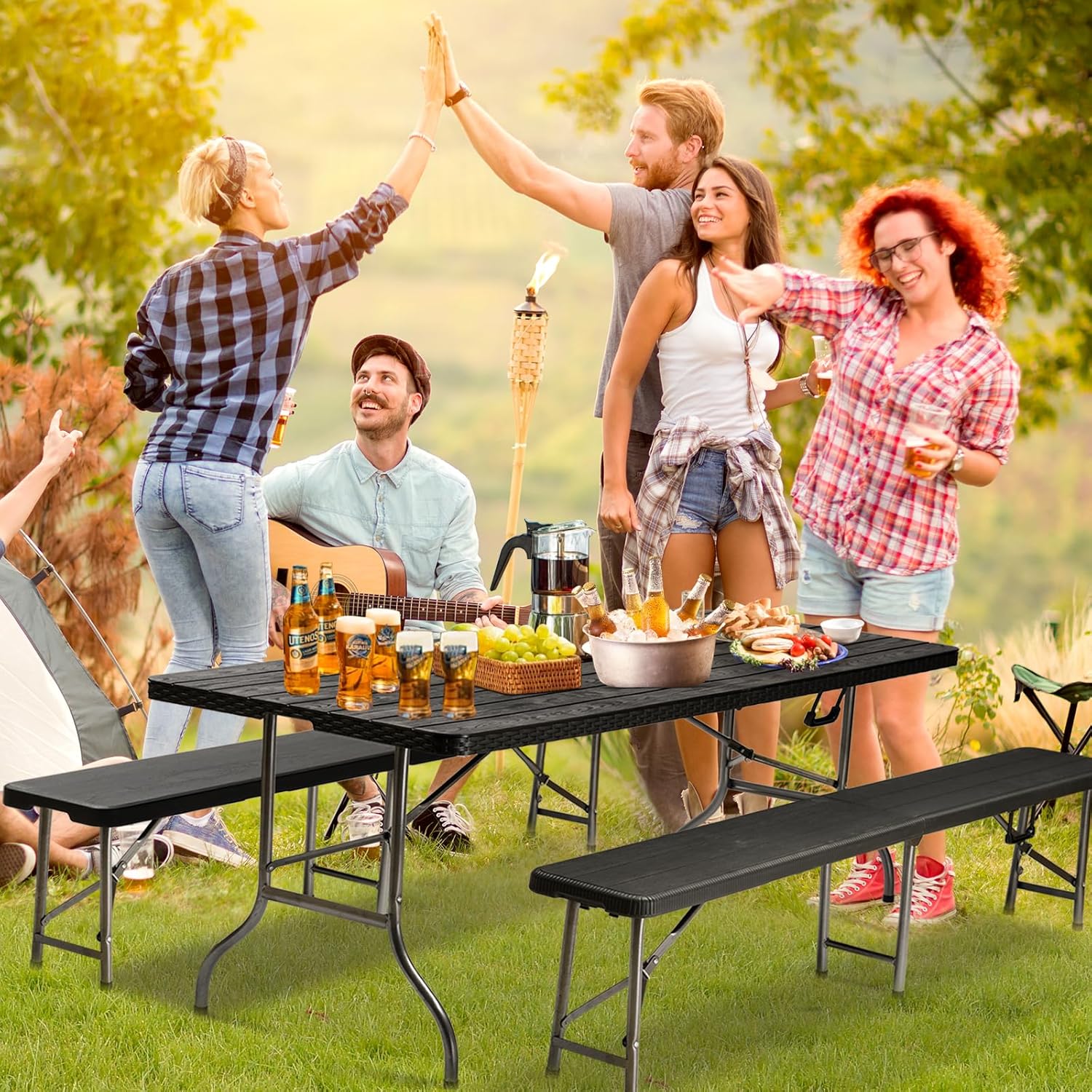 Sekey Foldable Beer Garden Table Set with 2 Benches