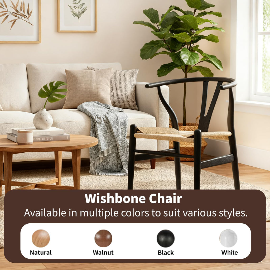 VODUR Wishbone Dining Chairs Set of 2 - Natural Solid Wood and Rattan Seat