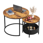 WLIVE Set of 2 round coffee tables with storage baskets in rustic brown
