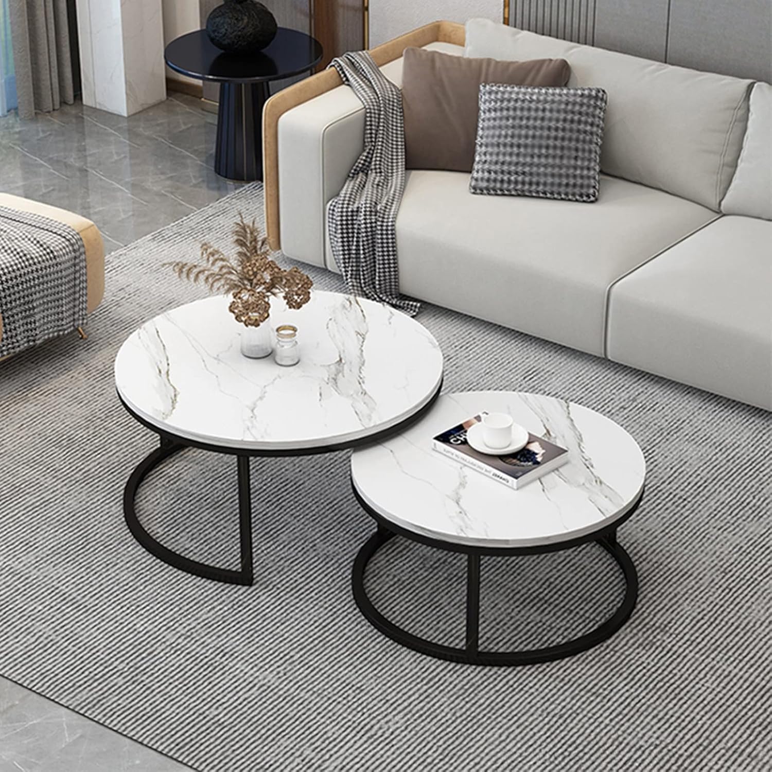 ZXFDMSWJ Round Nesting Coffee Table Set of 2 Marble Steel