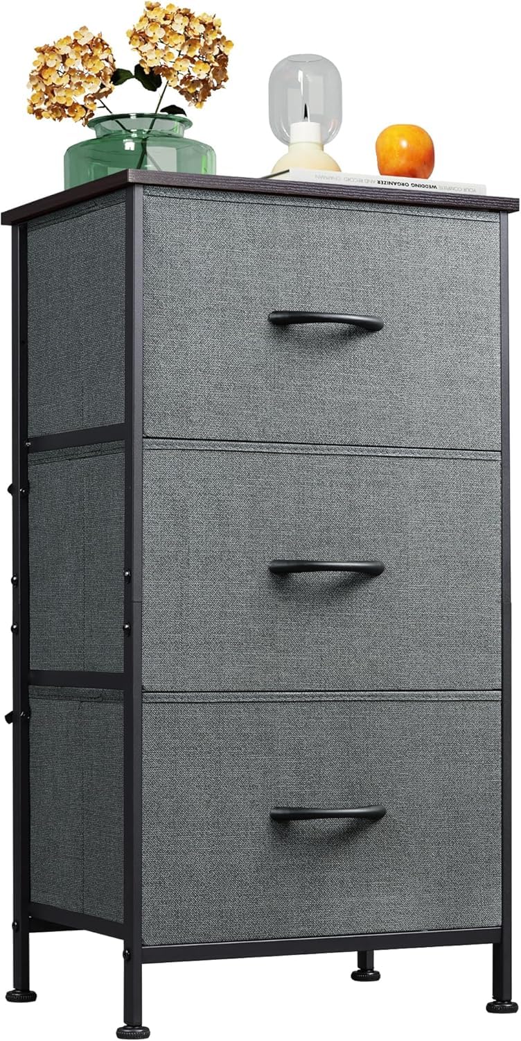WLIVE 3 drawer chest of drawers with wooden top and dark grey fabric