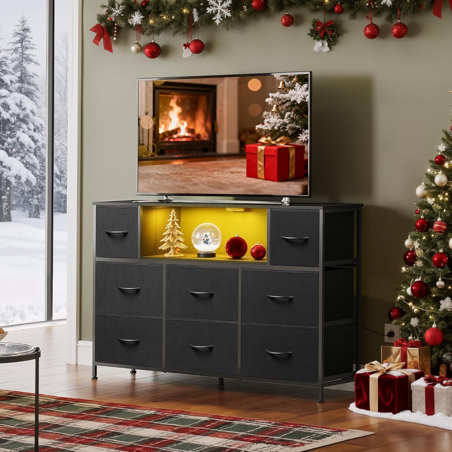 WLIVE Black Dresser TV Stand with LED Lights and Charging Station