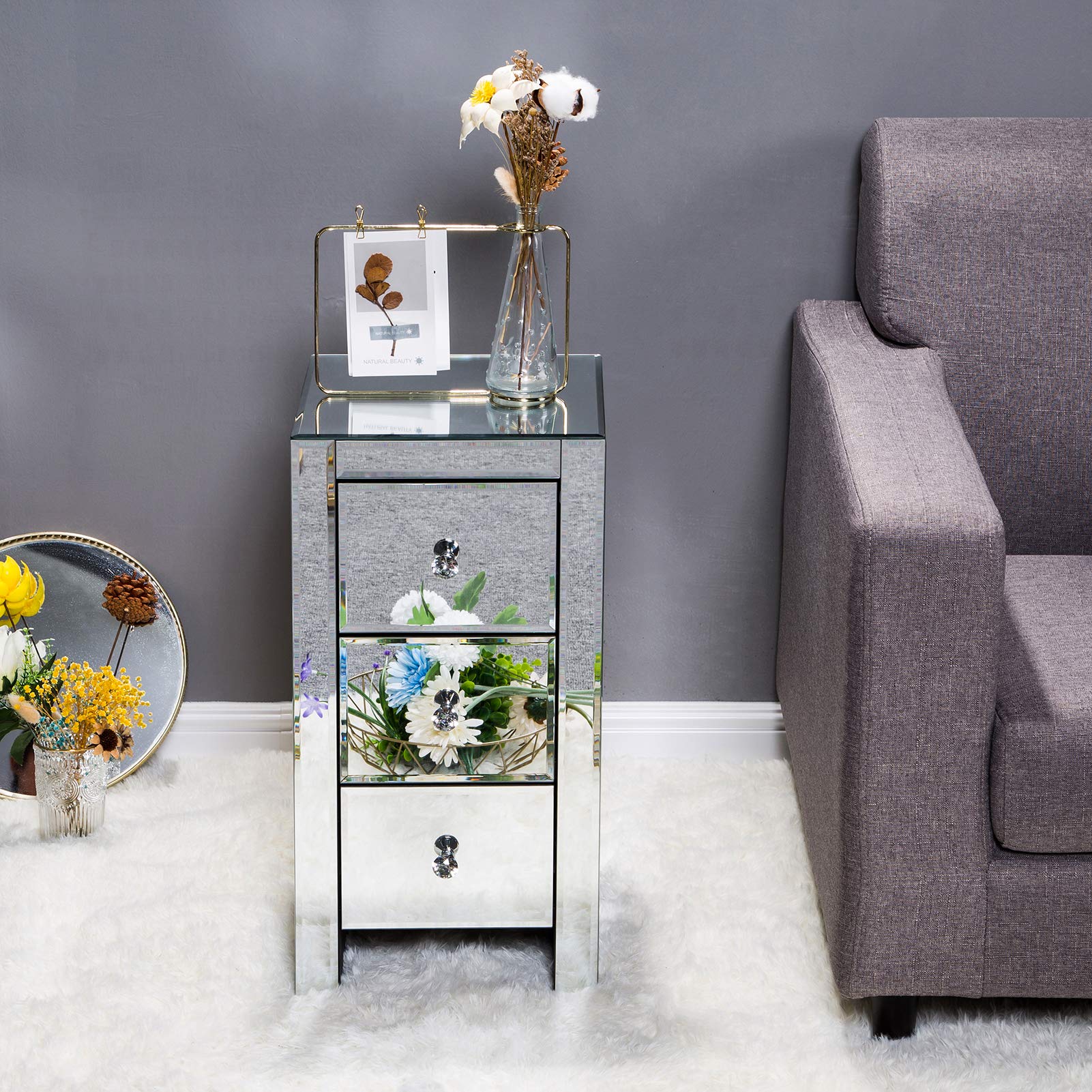 Doredo Mirrored Nightstand with 3 Drawers, Modern Silver Accent Table
