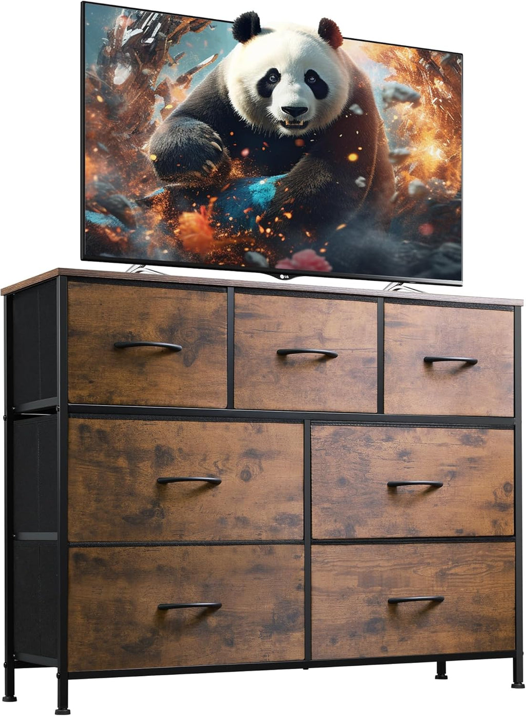 WLIVE 7 Drawer Dresser TV Stand - Rustic Brown Wood Grain Print