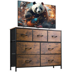 WLIVE 7 Drawer Dresser TV Stand with metal frame and wood top, rustic brown wood grain print