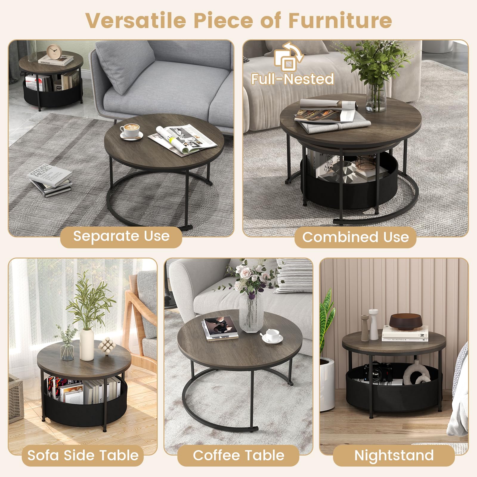 COSTWAY Round Nesting Coffee Tables Set with Storage Basket