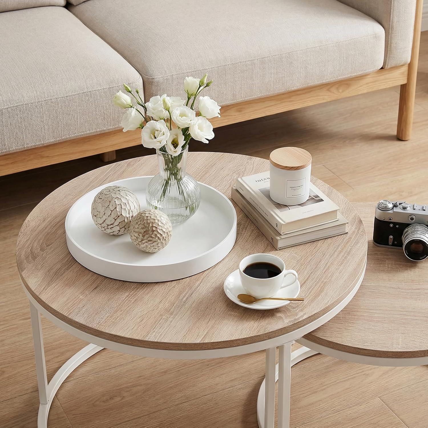 buybyroom Round Coffee Table Set of 2 - Light Oak Nesting Tables