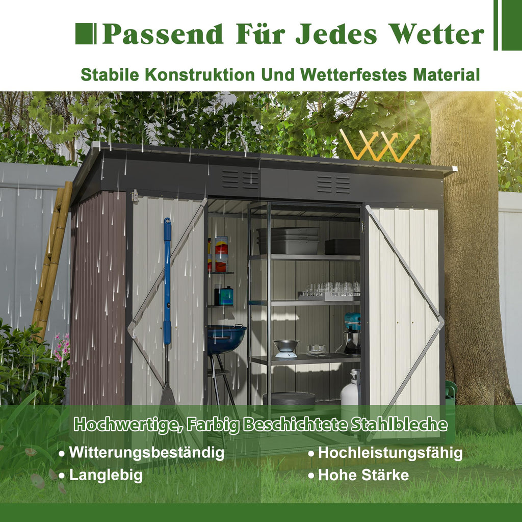 Metal Garden Shed with Sloped Roof and Tool Storage Cabinet