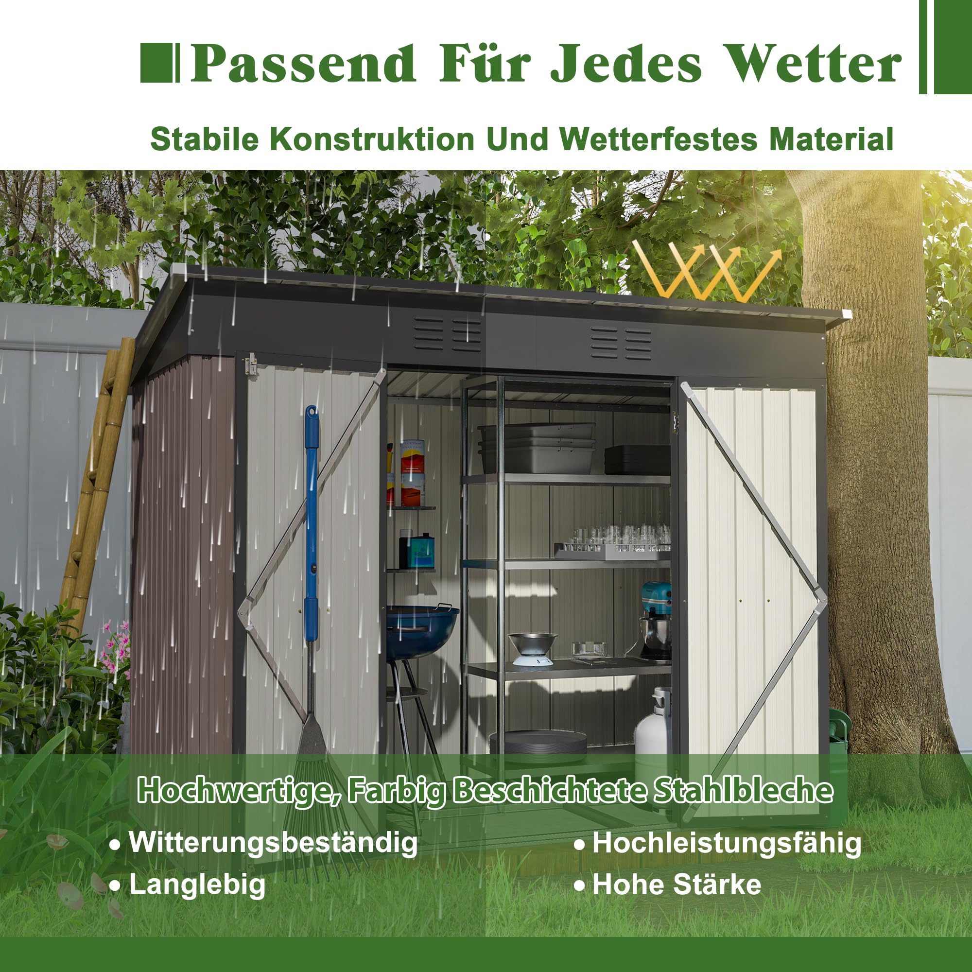 Metal Garden Shed with Sloped Roof and Tool Storage Cabinet