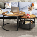 WLIVE coffee table set with two round tables and fabric storage baskets, featuring a wood grain top and metal frame in retro 