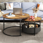 WLIVE coffee table set with two round tables and fabric storage baskets, featuring a wood grain top and metal frame in retro 