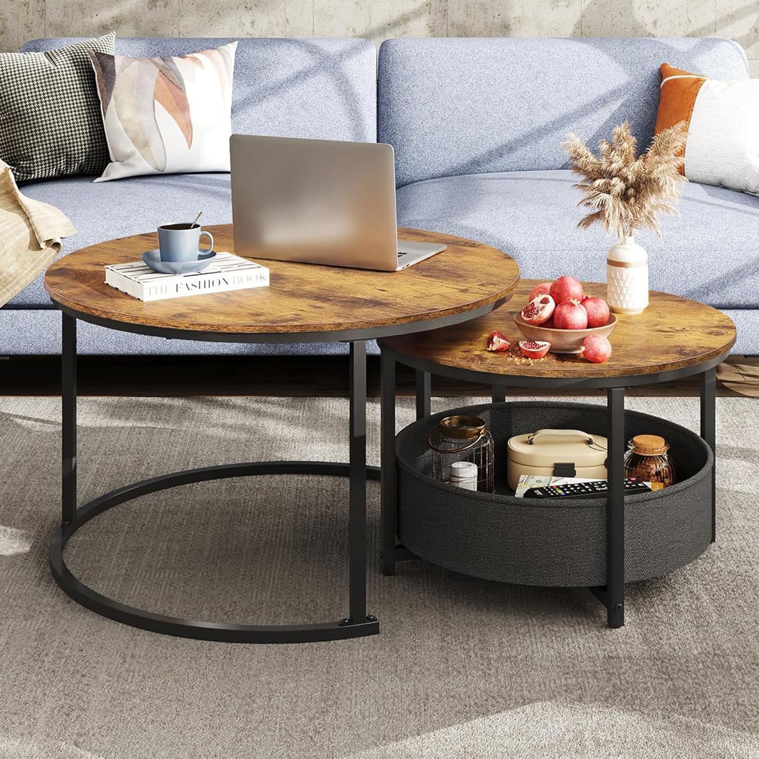 WLIVE coffee table set with two round tables and fabric storage baskets, featuring a wood grain top and metal frame in retro 