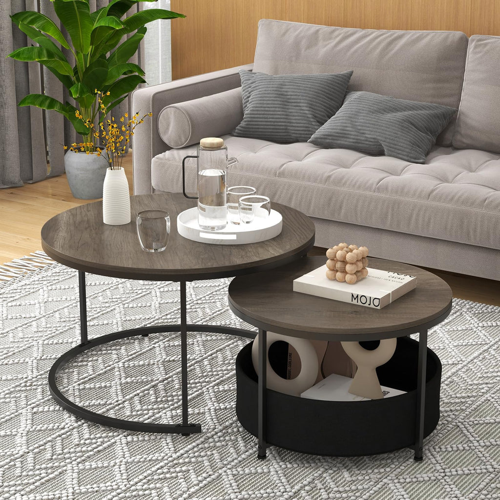 COSTWAY Round Nesting Coffee Tables Set with Storage Basket