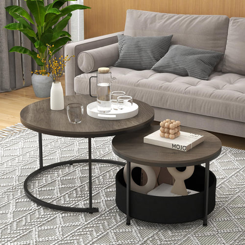 COSTWAY Round Nesting Coffee Tables Set with Storage Basket