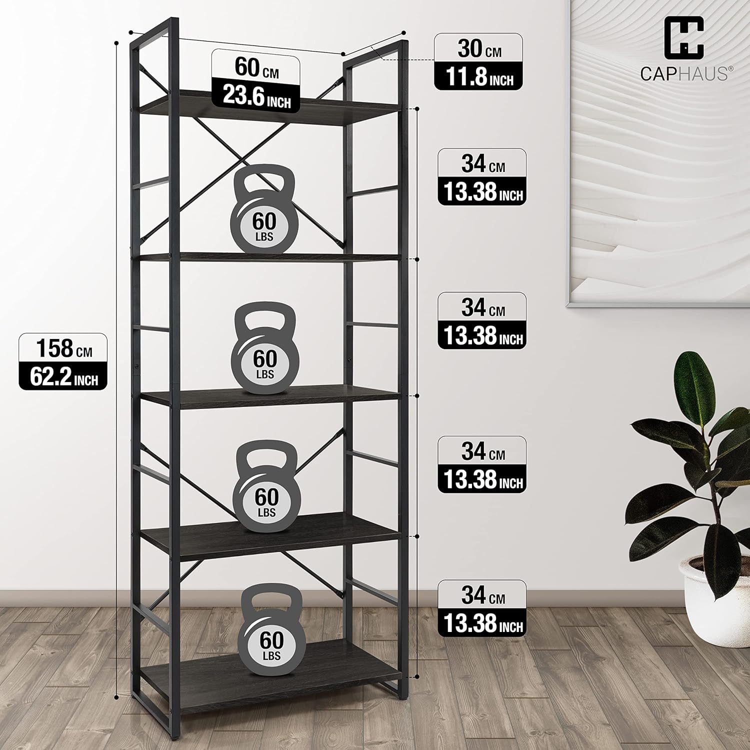 CAPHAUS 5 Tier Bookshelf - Black Vintage Shelves